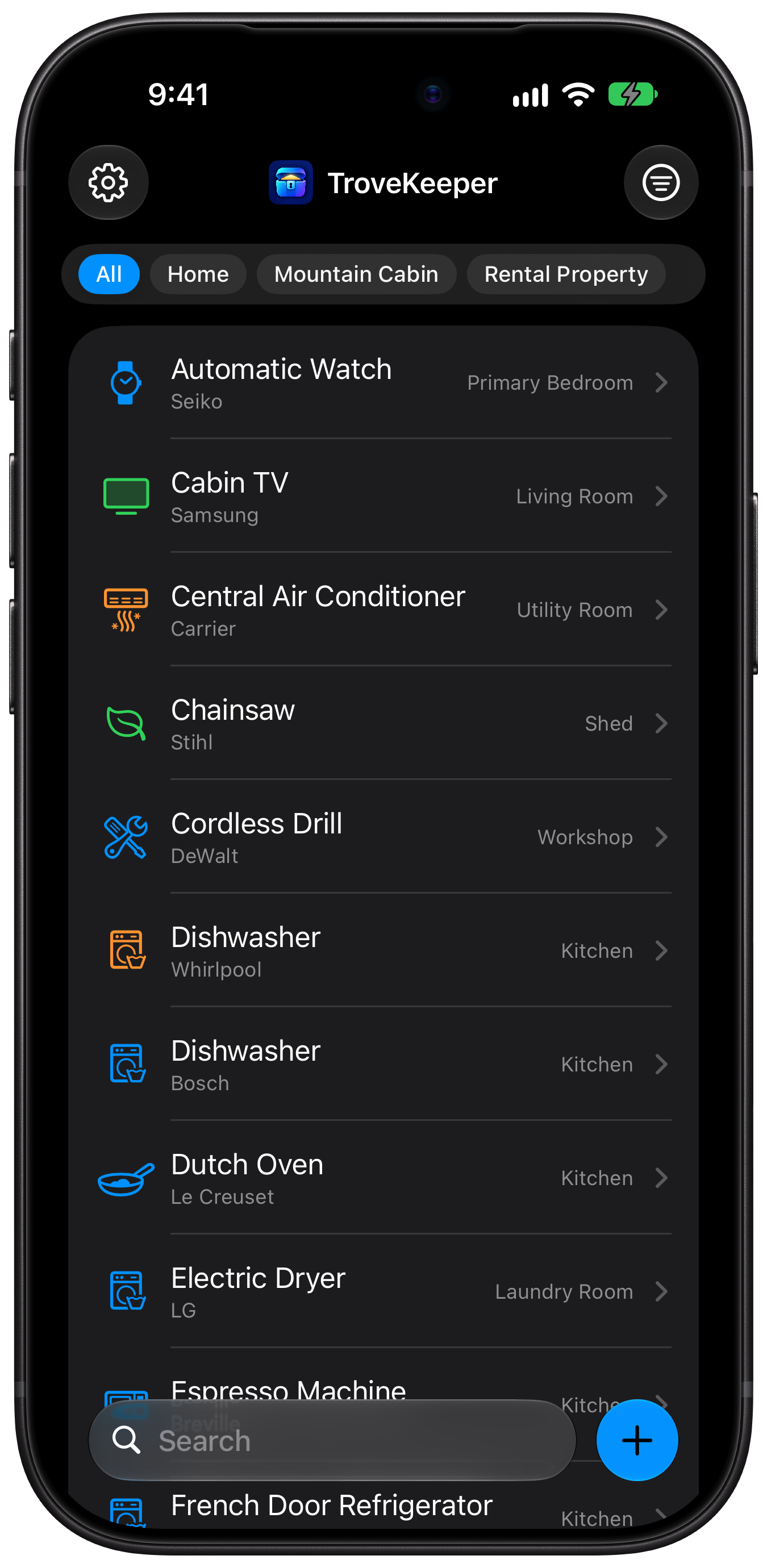 TroveKeeper items list in dark mode
