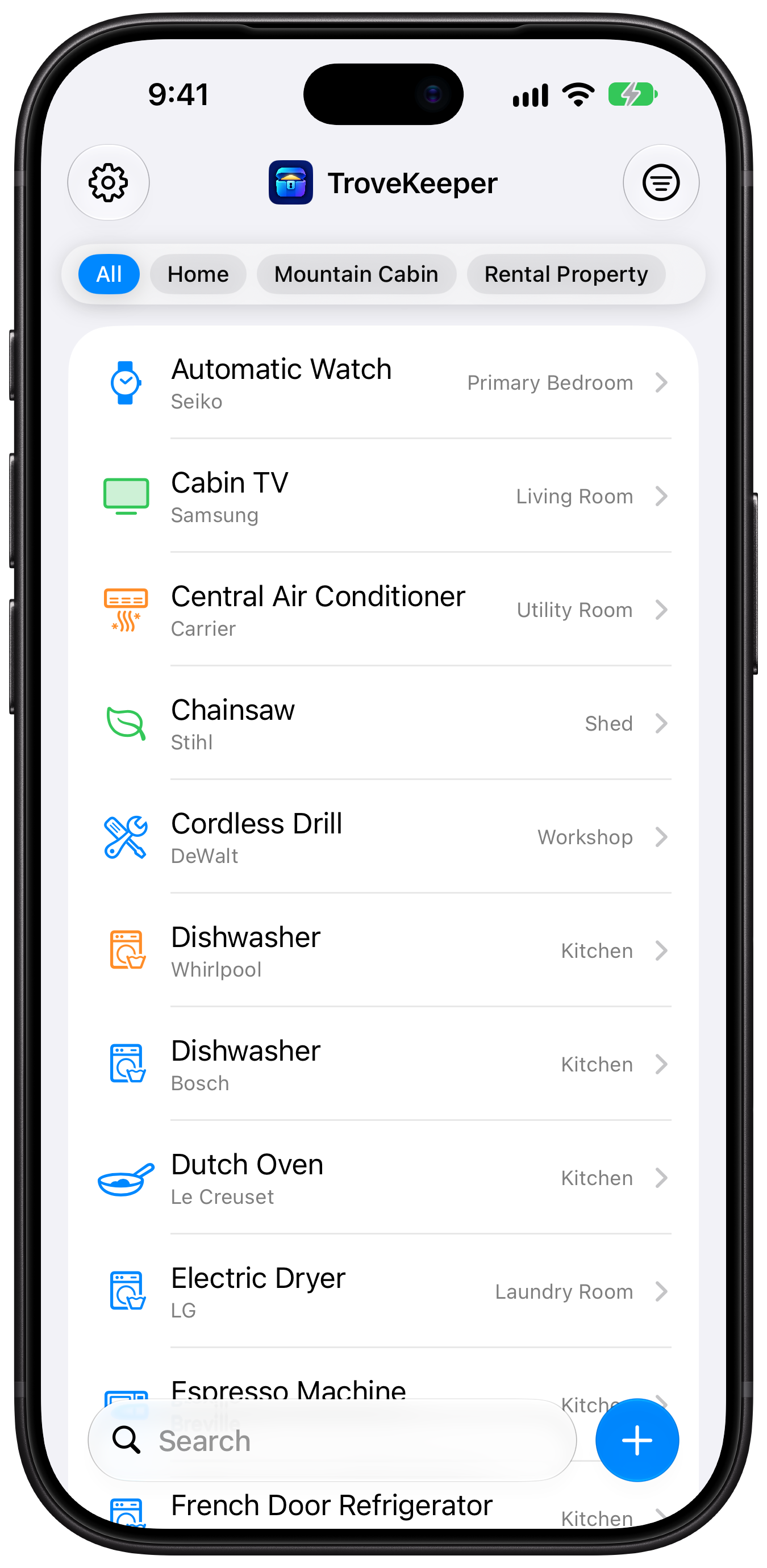 TroveKeeper showing a list of belongings organized by location