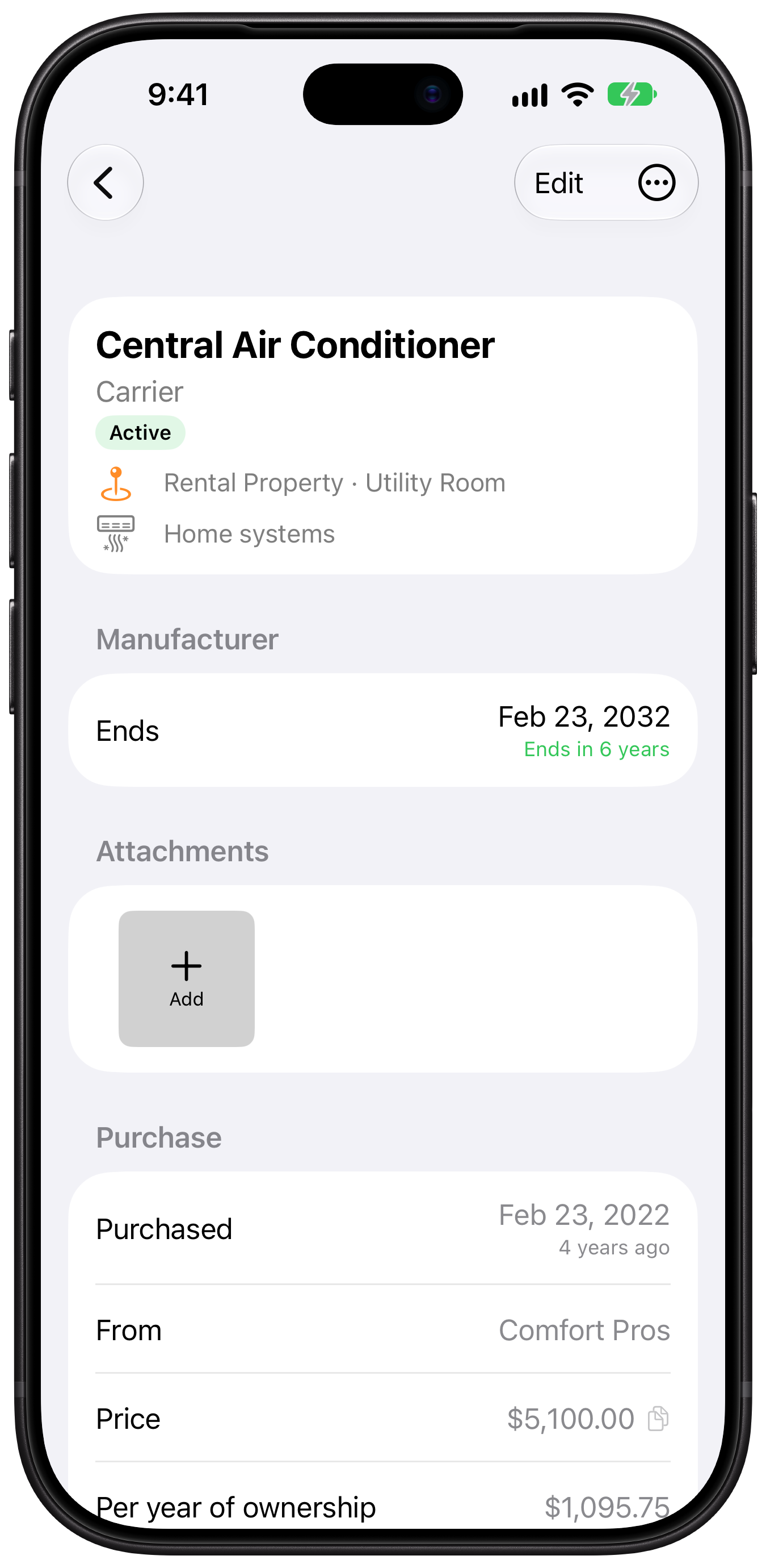 TroveKeeper item detail showing an active warranty, purchase details and attachments