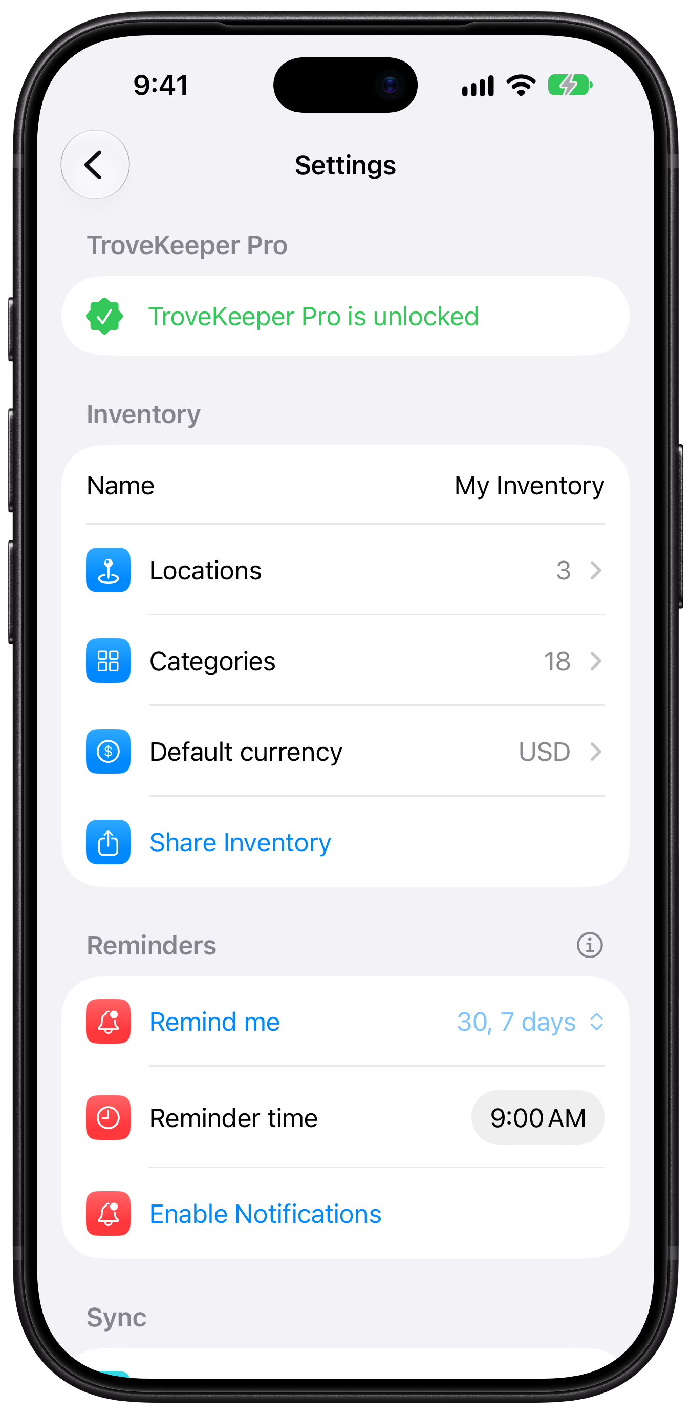 TroveKeeper settings showing locations, categories, reminders and sharing